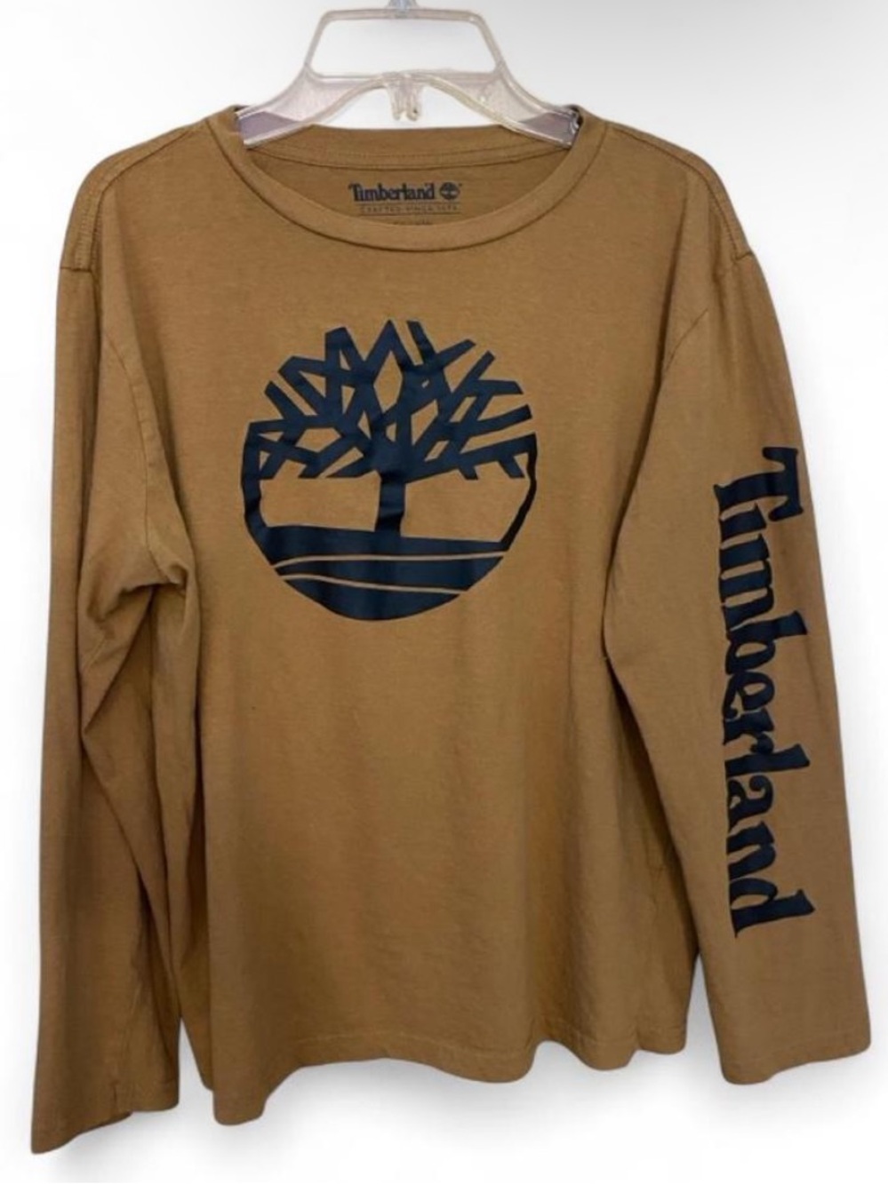 Timberland Women’s Brown Tan 3/4 Sleeve Logo Tee Black Print Large 90s Y2K Gorp
